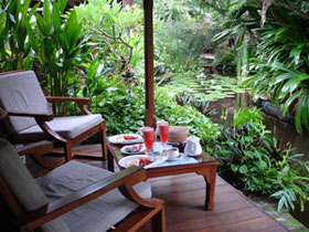Breakfast at your room at the Water garden hotel overlooking the koi ponds